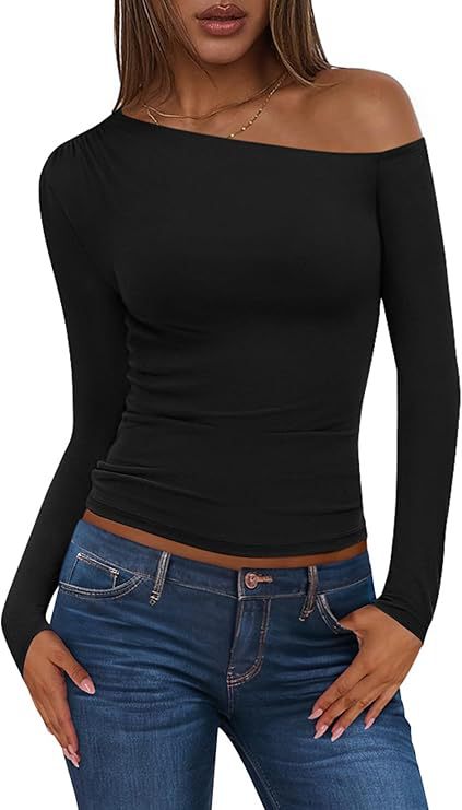 Damen Schulterfreies, figurnahes Ripp-Langarmtop mit asymmetrischem Ein-Schulter-Schnitt Drune