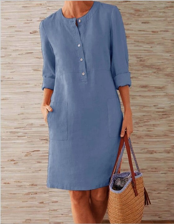 Damen Leichtes Leinenkleid mit praktischen Taschen und angesagtem Knopfdesign Drune
