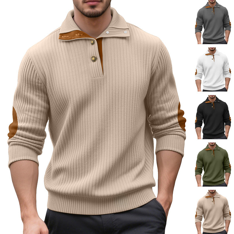 Herren nan Rippstrick-Halbknopf-Pullover mit Kentkragen und Lederbesatz Drune