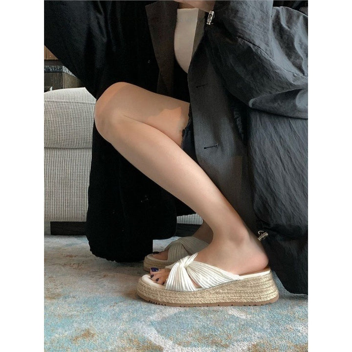 Damen Plateau-Espadrilles mit geknoteten Faltenriemen und geflochtener Jute-Sohle Drune