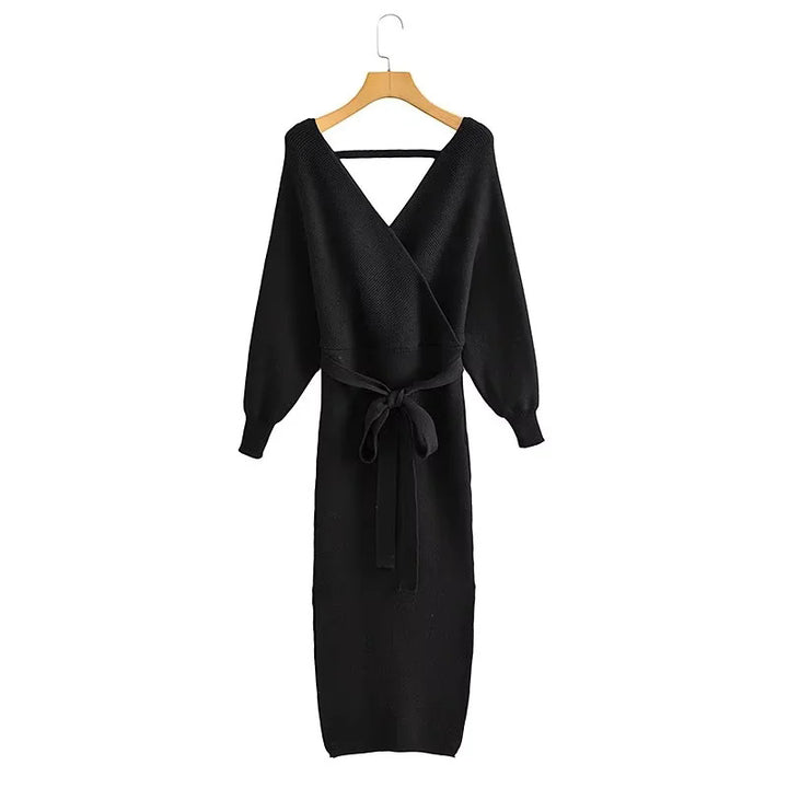 Damen nan gestricktes Wickelkleid mit Bindegürtel und V-Ausschnitt Drune