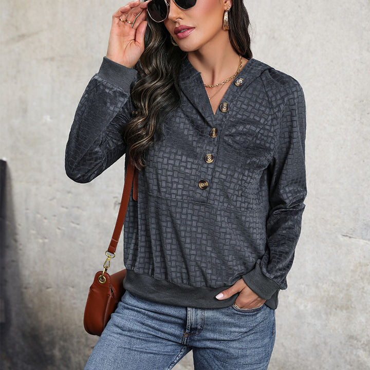 Damen Texturierter Kapuzenpullover mit Knopfleiste und Strukturmuster Drune