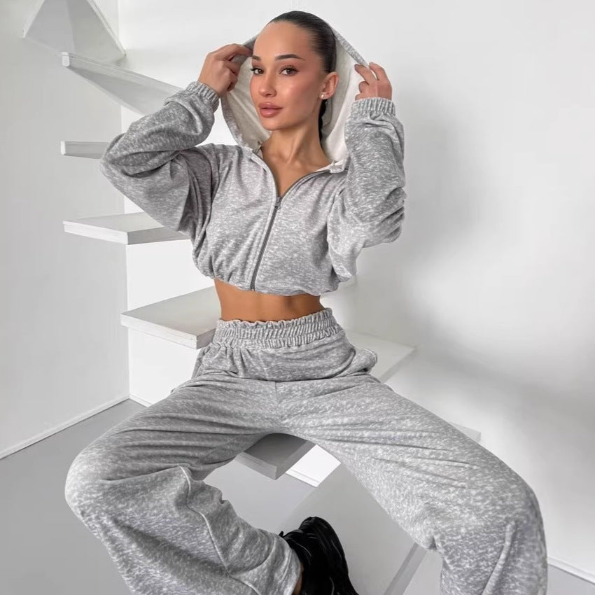 Damen cropped Zip-Hoodie mit elastischem Saum und locker fallende Palazzo-Jogginghose Drune