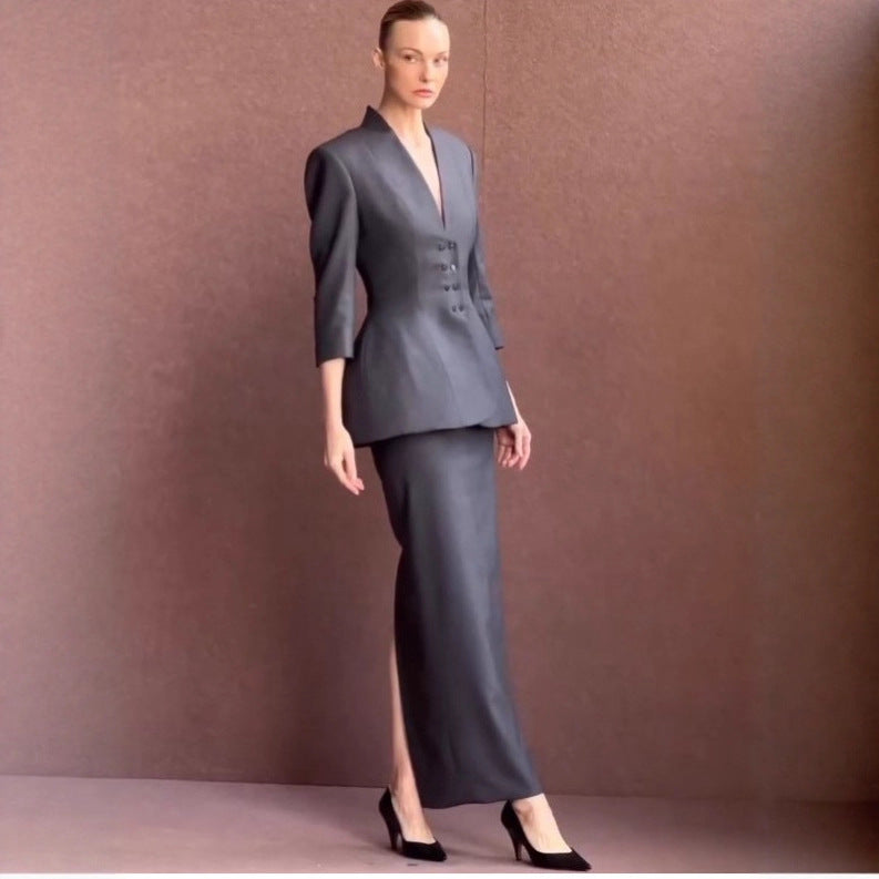 Damen Taillierter Peplum‑Blazer mit betonter Taille und tiefem V‑Ausschnitt Drune