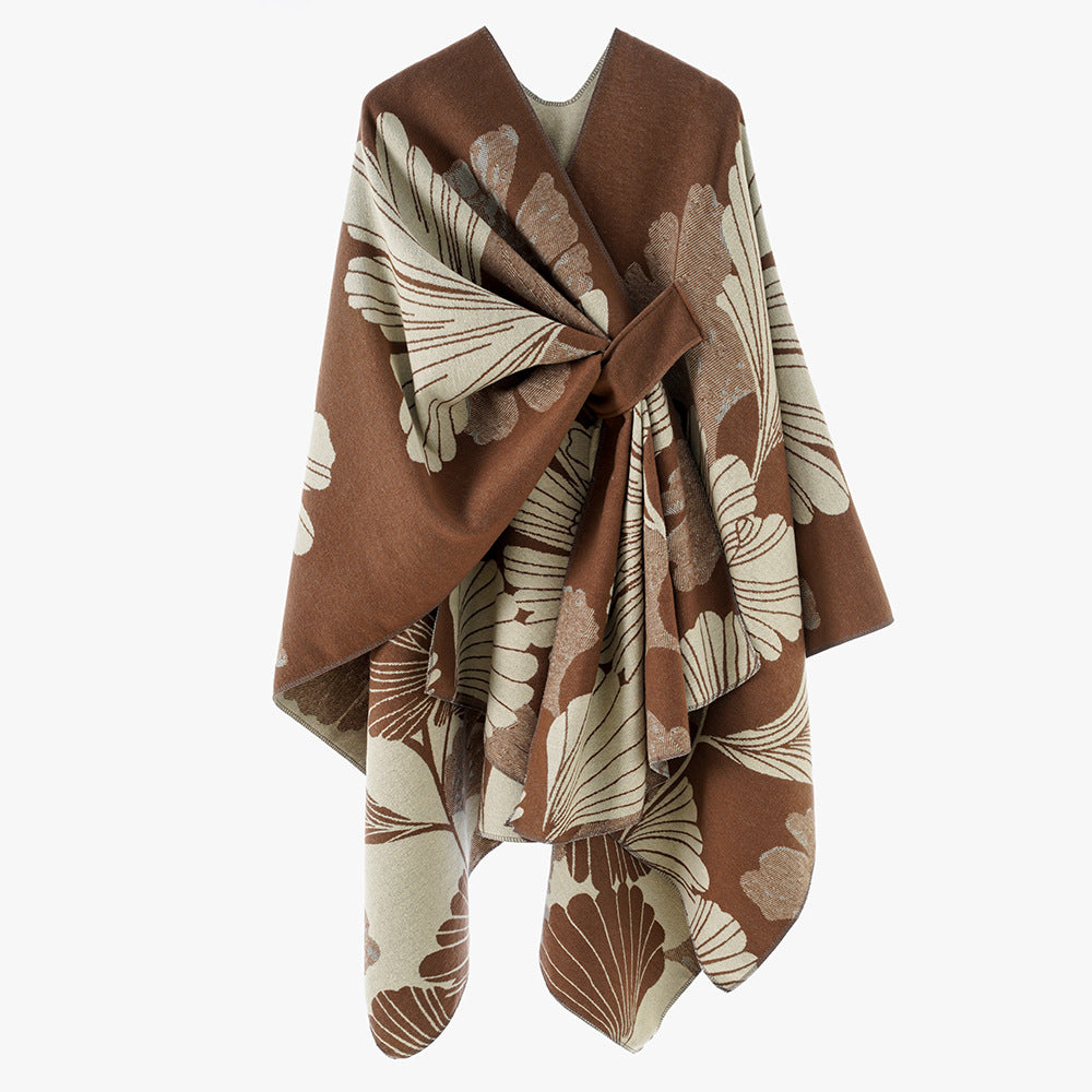 Damen Oversize-Jacquard-Cape aus Wollmix mit floralem Jacquard und Frontschlaufe Drune
