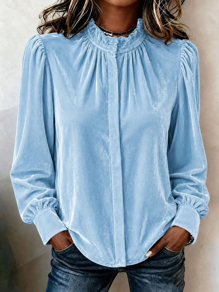 Damen Samtbluse mit Rüschen-Stehkragen, verdeckter Knopfleiste und gerafften Ballonärmeln Drune