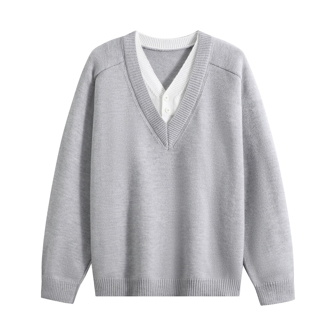 Unisex Oversize V‑Neck Strickpullover mit eingearbeiteter Henley-Optik Drune