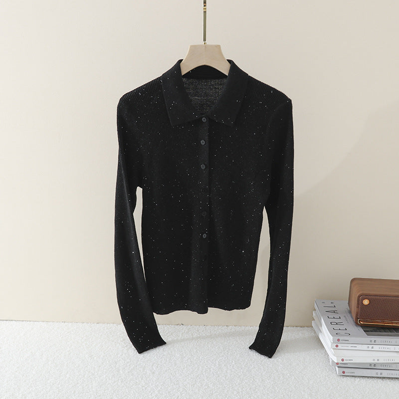 Damen Feinstrick-Cardigan mit Polokragen, Knopfleiste und dezentem Glitzereffekt Drune