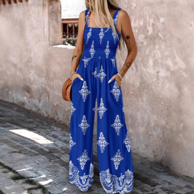 Damen luftiger Jumpsuit mit floralem Design und praktischen Taschen Drune