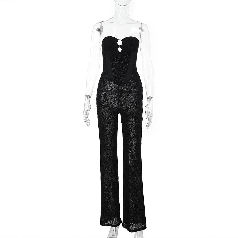 Damen eleganter Jumpsuit mit strukturierter Spitze und verführerischem Ausschnitt Drune