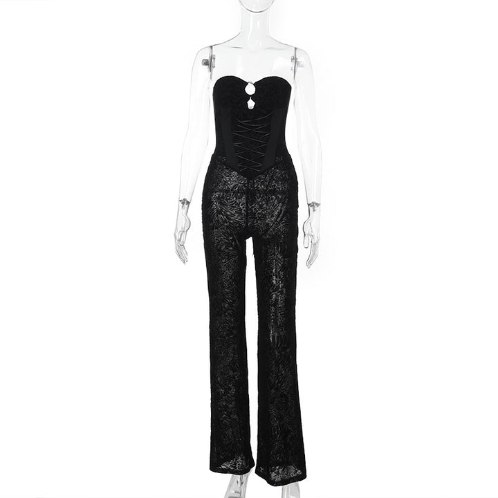 Damen eleganter Jumpsuit mit strukturierter Spitze und verführerischem Ausschnitt Drune