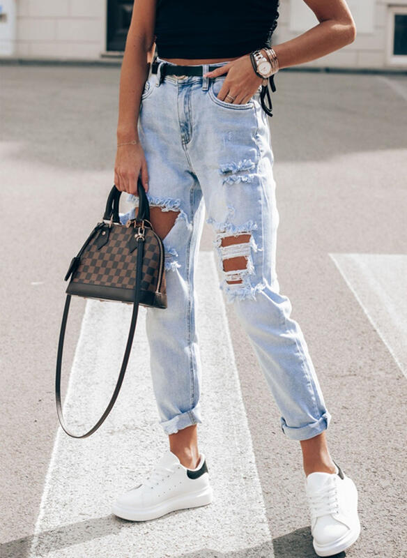 Damen Ripped Boyfriend Jeans im lässigen Vintage-Stil mit hohem Bund Drune
