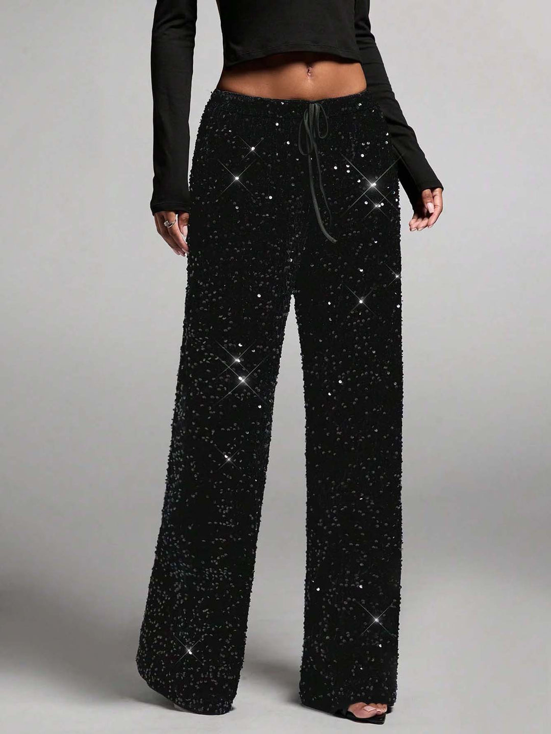 Damen Pailletten-Palazzohose mit hohem Bund und Kordelzug Drune