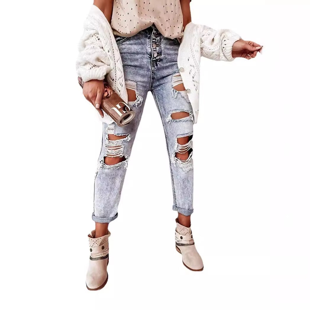 Damen Destroyed Boyfriend Jeans im lässigen Vintage-Stil mit hohem Bund Drune