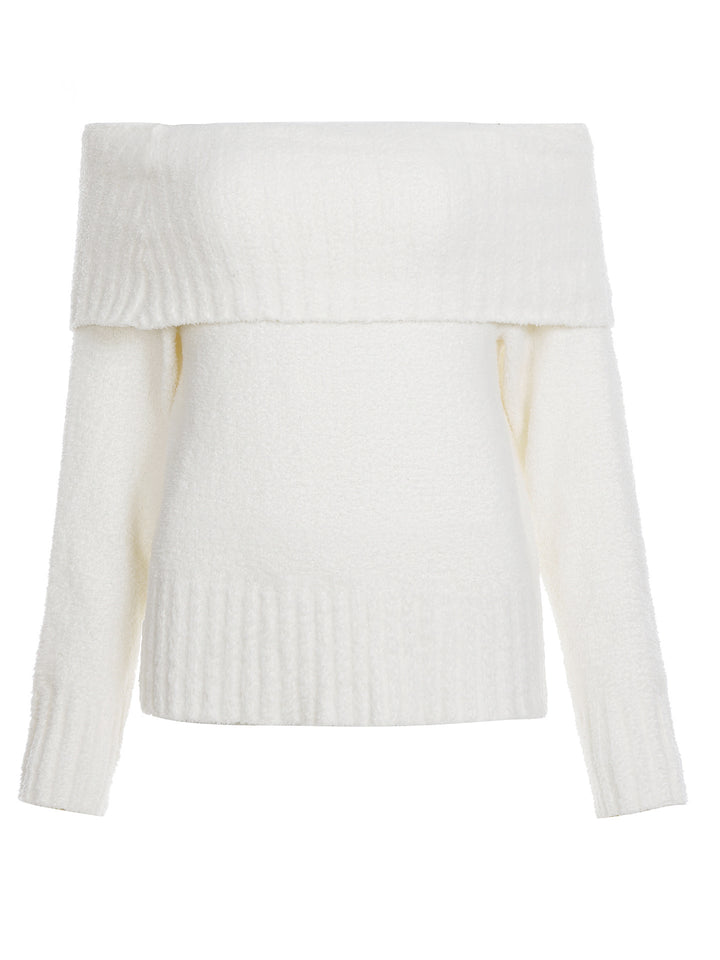Damen Schulterfreier flauschiger Strickpullover mit breitem Umschlagkragen Drune