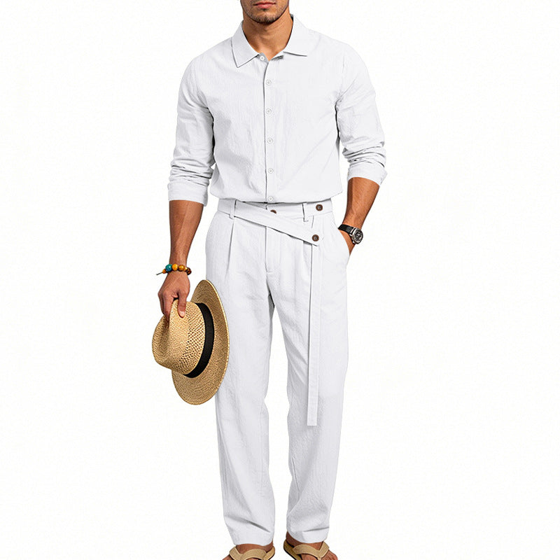 Herren nan eleganter Leinen-Zweiteiler mit Hemd und Hose mit hohem Bund und Bindegürtel Drune