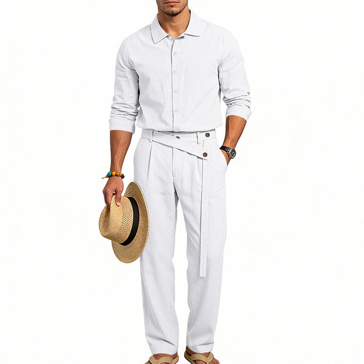 Herren nan eleganter Leinen-Zweiteiler mit Hemd und Hose mit hohem Bund und Bindegürtel Drune