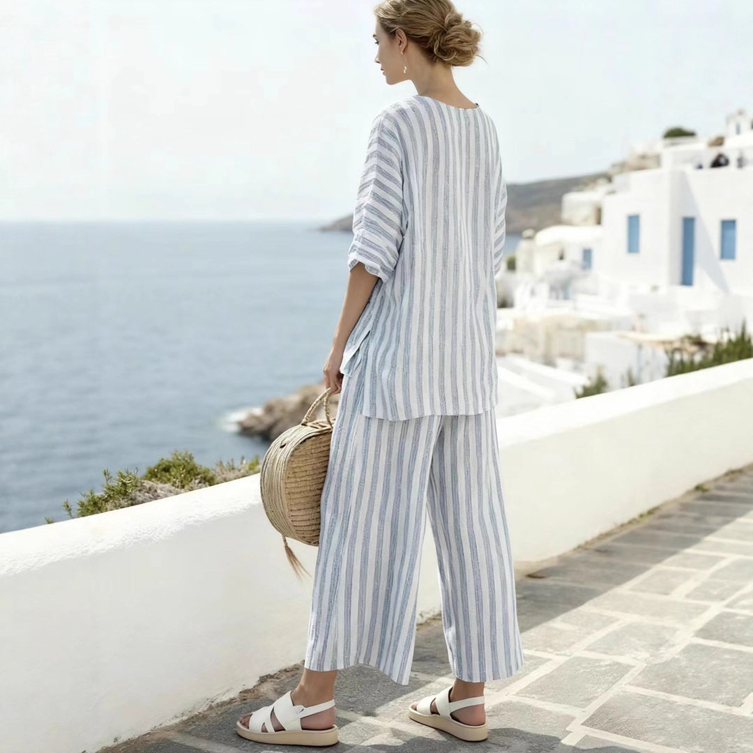 Damen Zweiteiliges gestreiftes Leinen‑Optik Lounge‑Set mit Oversize‑Bluse und High‑Waist Palazzo Drune