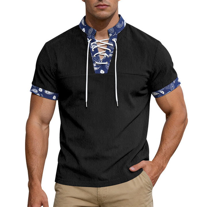 Herren nan Kurzarm-Schnürshirt mit Bandana-Besatz und strukturierter Jerseyqualität Drune