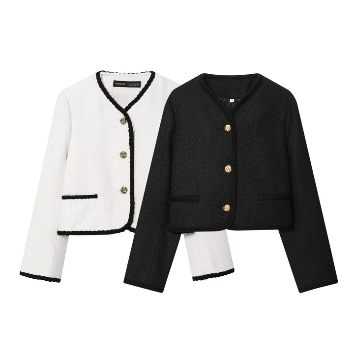 Damen nan kurz geschnittene Bouclé-Jacke mit geflochtenem Rand und goldenen Zierknöpfen Drune