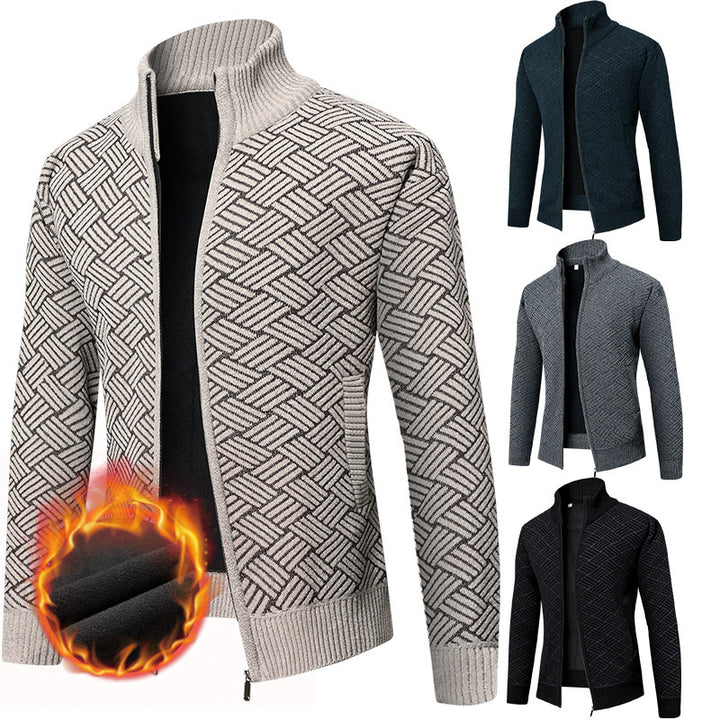 Herren Thermo-Strickjacke mit durchgehendem Reißverschluss, gefüttertem Stehkragen und geometrischem Strukturmuster Drune