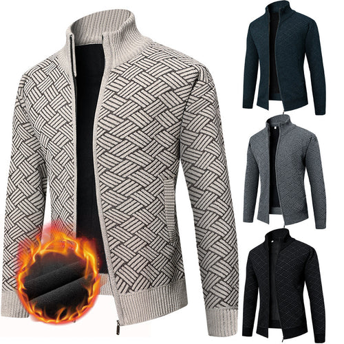 Herren Thermo-Strickjacke mit durchgehendem Reißverschluss, gefüttertem Stehkragen und geometrischem Strukturmuster Drune