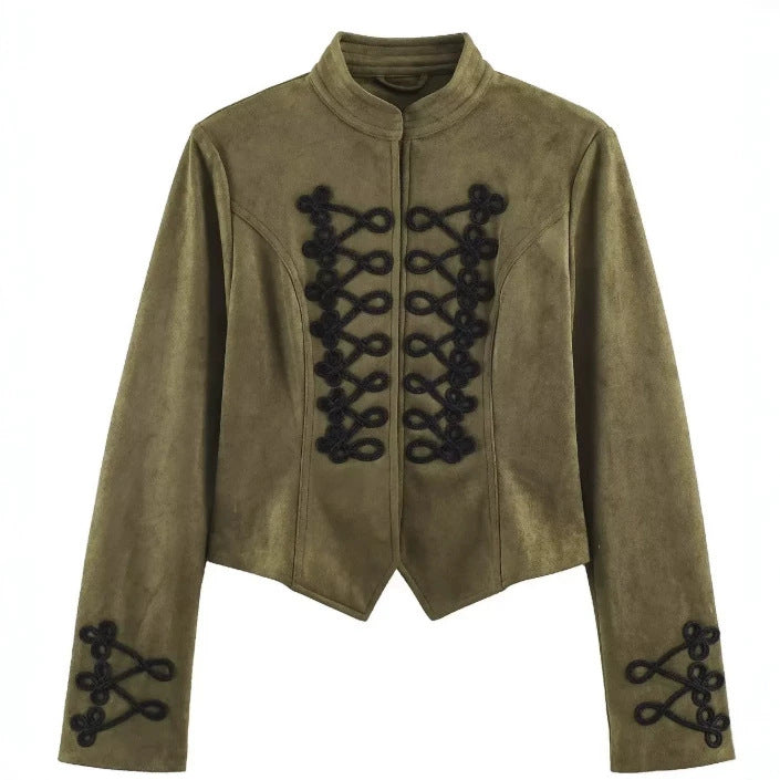 Damen Kurz geschnittene Wildlederjacke im Military‑Look mit Stehkragen und dekorativer Kordelfrosch‑Applikation Drune
