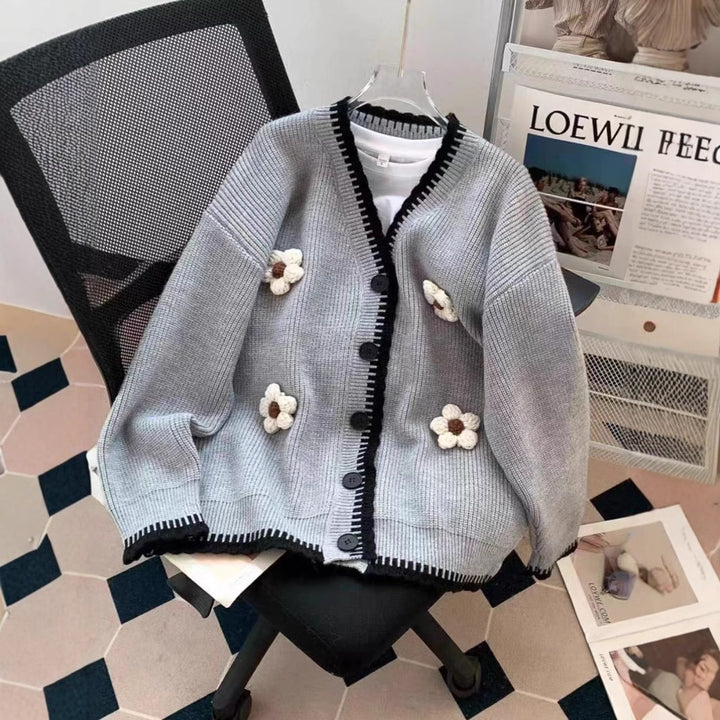 Damen elegante Strickjacke mit Blumenapplikationen Drune