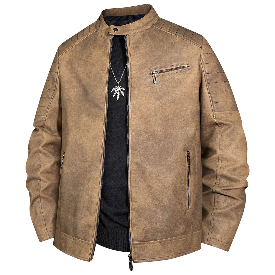 Herren Bikerjacke aus Kunstleder mit Stehkragen und gesteppter Schulter Drune