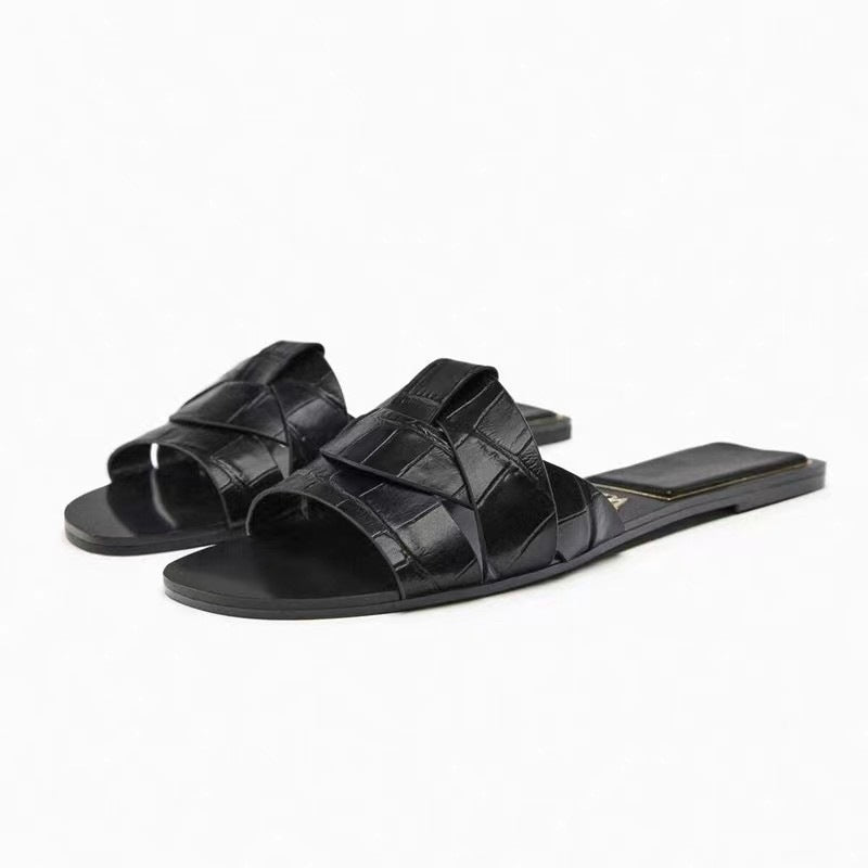 Damen Jeans-Optik Slide-Sandalen mit gekreuzten Stoffriemen und flacher Komfortsohle Drune