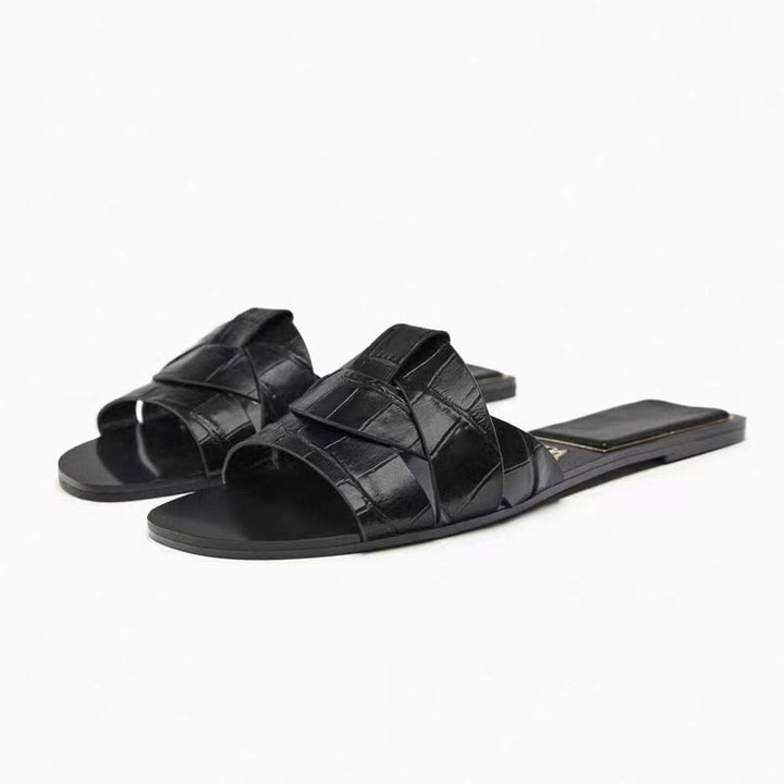 Damen Jeans-Optik Slide-Sandalen mit gekreuzten Stoffriemen und flacher Komfortsohle Drune