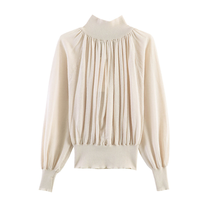Damen Plissierter Feinstrick-Pullover mit Stehkragen und Ballonärmeln Drune