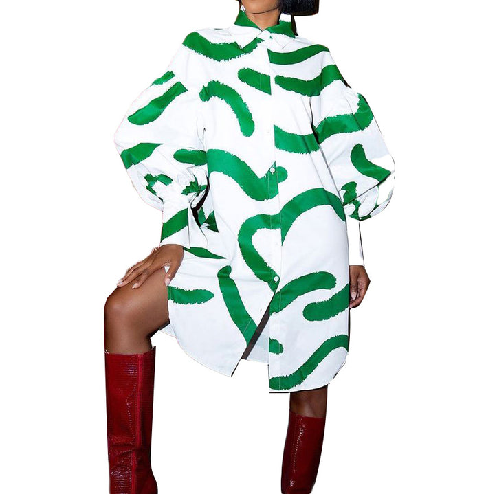 Damen Hemdkleid mit Oversize-Puffärmeln und lebhaftem Muster Drune