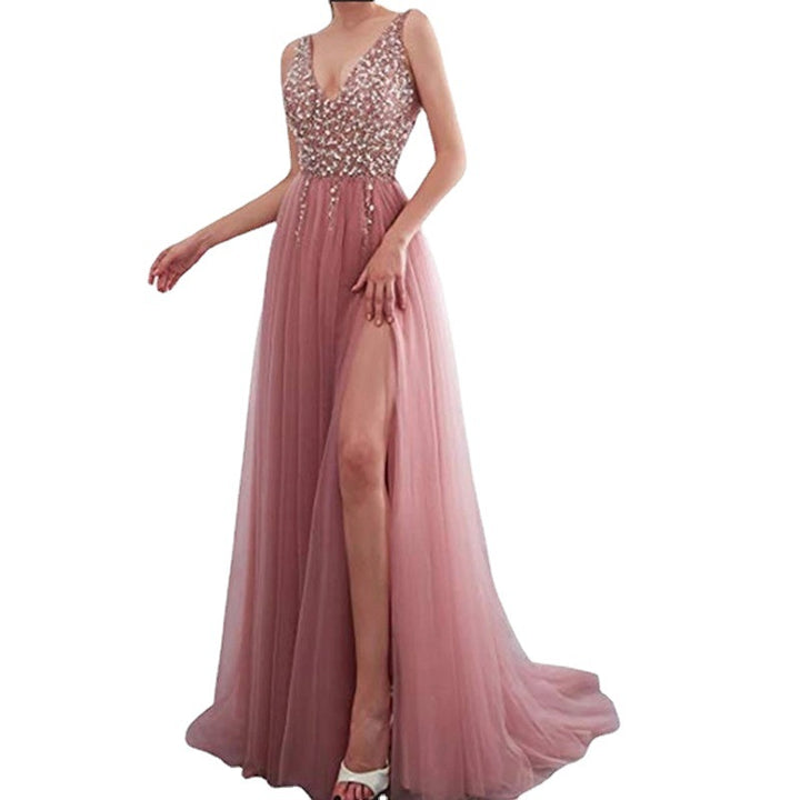 Damen Elegantes Maxikleid mit schimmerndem Oberteil und hohem Schlitz Drune