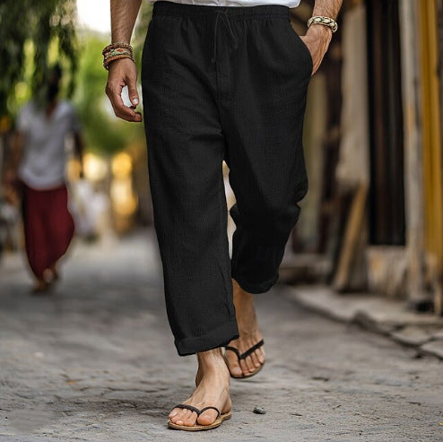 Herren lässige Leinen-Joggerhose mit elastischem Tunnelzugbund, seitlichen Eingrifftaschen und aufrollbarem Saum Drune