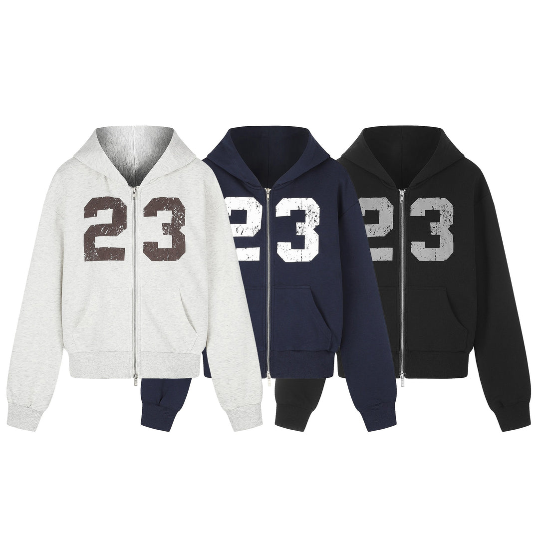 Damen Zip‑Hoodie im Boxy‑Schnitt mit Kängurutasche und Nummernprint Drune