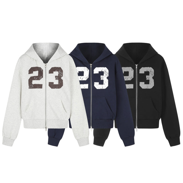 Damen Zip‑Hoodie im Boxy‑Schnitt mit Kängurutasche und Nummernprint Drune