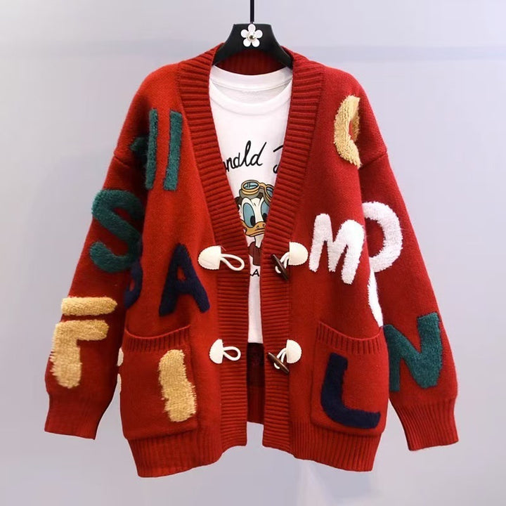 Damen Grobstrick-Cardigan mit bunten Applikationen und großen Taschen Drune