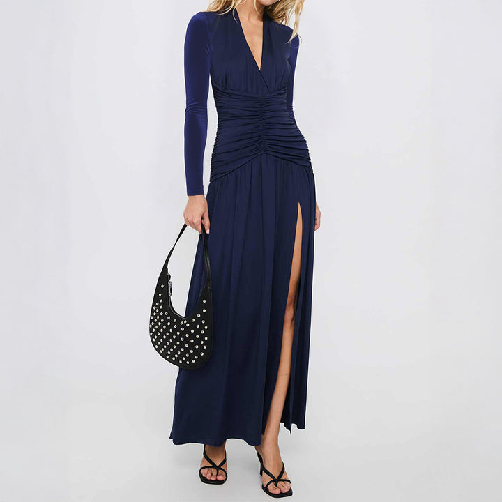 Damen nan elegantes Abendkleid mit gerafftem Wickeloberteil, hohem Beinschlitz und Samtärmeln Drune