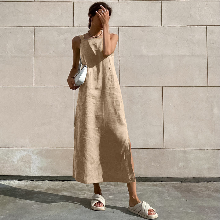 Damen Maxikleid aus hochwertigem Leinenstoff mit breiten Trägern und seitlichen Schlitzen Drune