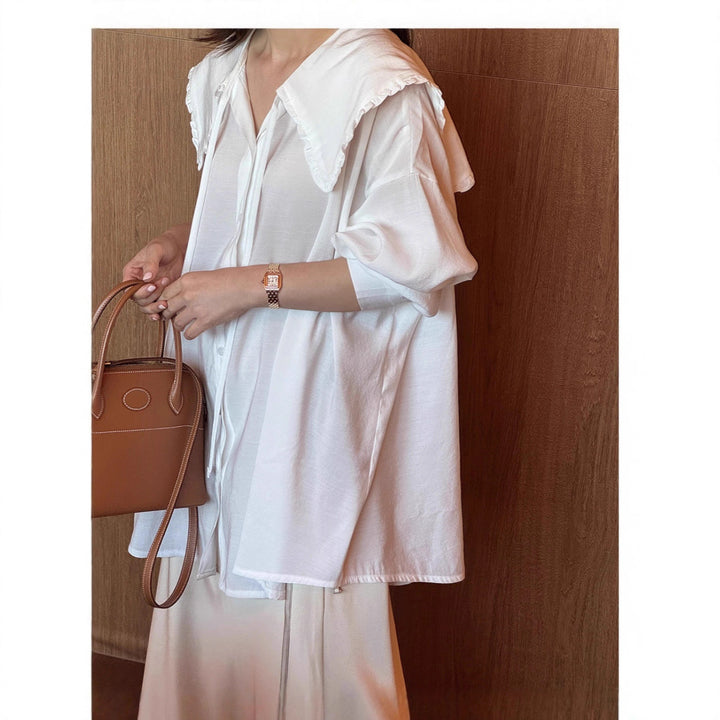 Damen Oversize-Hemdbluse mit großem Rüschenkragen und Krempelärmeln Drune