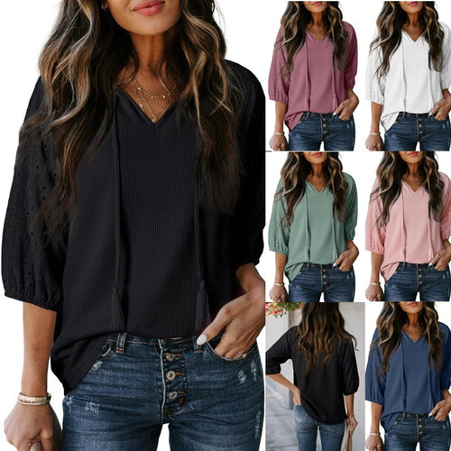 Damen Waffelshirt mit V‑Ausschnitt, Quasten und bestickten Puffärmeln Drune