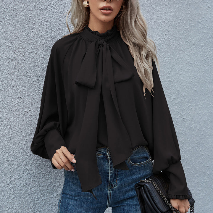Damen Bluse mit Schleifenkragen und voluminösen Ärmeln Drune