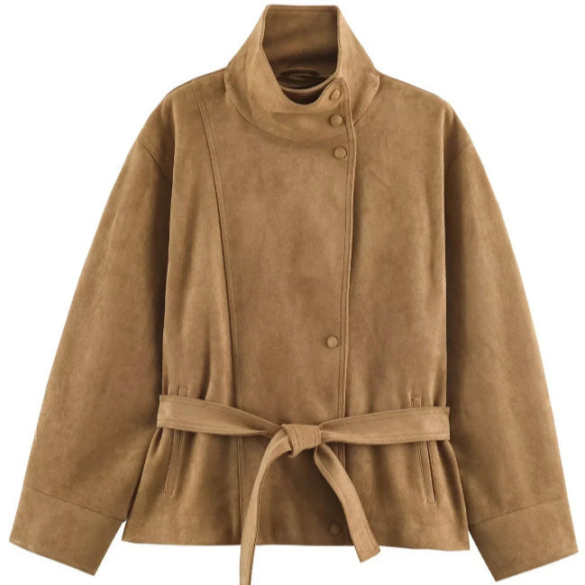 Damen Veloursleder-Optikjacke mit hohem Stehkragen und Taillengürtel Drune