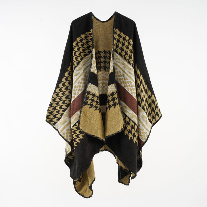 Damen Wohliger Oversize-Umhangponcho aus Wollmix mit Hahnentritt- und Grafikjacquard Drune