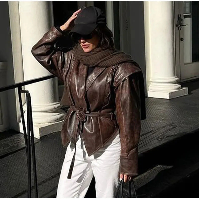 Damen modische Wildlederjacke mit tailliertem Schnitt und Bindegürtel Drune