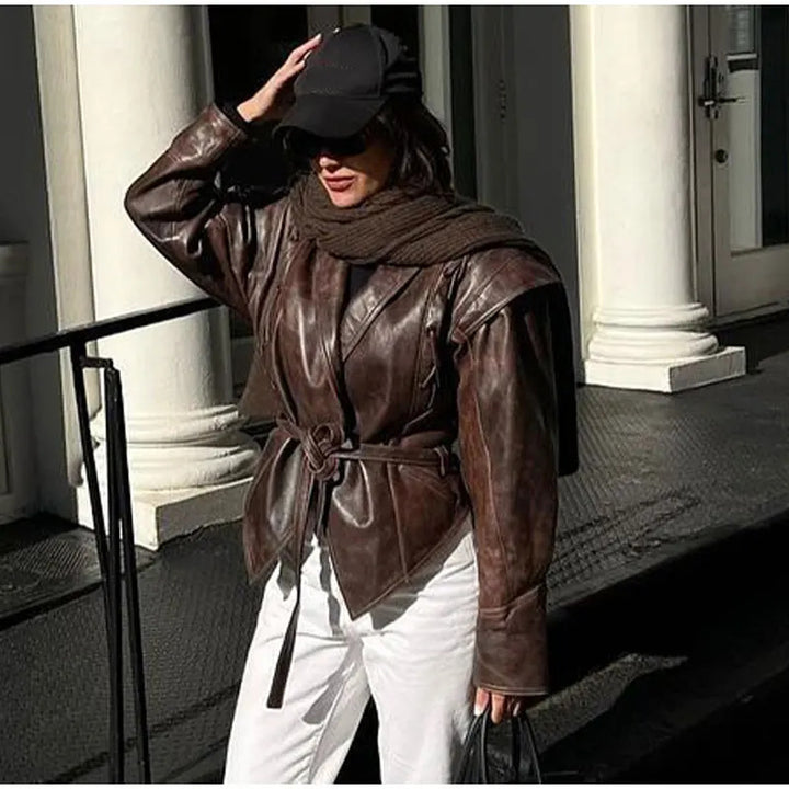 Damen modische Wildlederjacke mit tailliertem Schnitt und Bindegürtel Drune