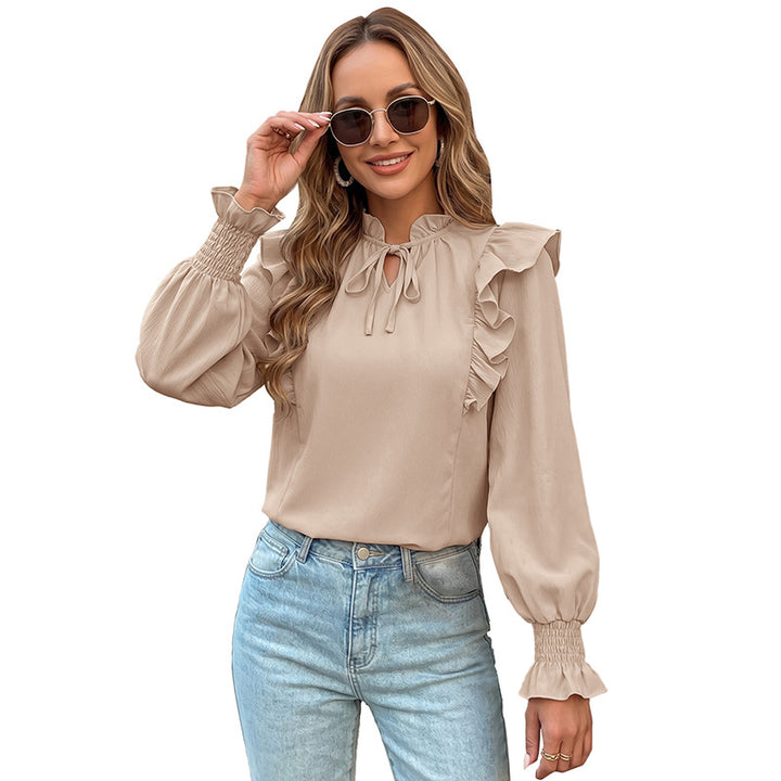 Damen Rüschenbluse mit Stehkragen, Bindeschleife und Smokärmeln Drune
