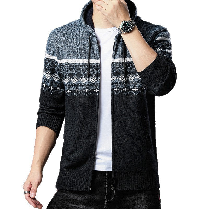 Herren Strick-Zip-Hoodie mit Norwegermuster, Kapuze und Eingrifftaschen Drune
