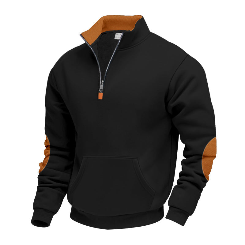 Herren nan isolierter Halbzip-Pullover mit Stehkragen Fleece-Innenfutter Kängurutasche und Wildleder-Ellenbogenpatches Drune